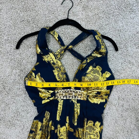 Xscape Silk Navy Blue and Gold Metallic Maxi Evening Gown - Picture 10 of 12
